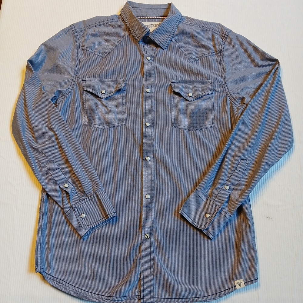 Roebuck & Co Mens Blue Striped Western Snap Button Long Sleeve Shirt Medium